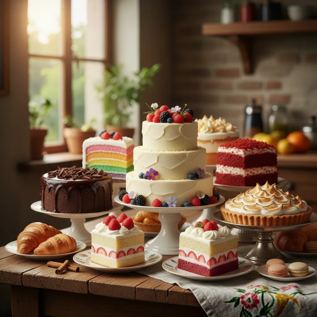 机に並んだケーキ